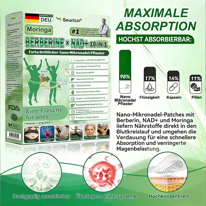 Offizieller US-Shop | 🧑‍⚕️🩺Seurico Moringa · Berberine × NAD+ 10-in-1 Advanced Nano Microneedle Patch — Einmal täglich, sichtbare Ergebnisse in 7 Tagen
