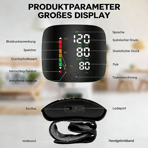 Handgelenk-Blutdruckmonitor – LED-Display, verstellbar, Gesundheitsüberwachung