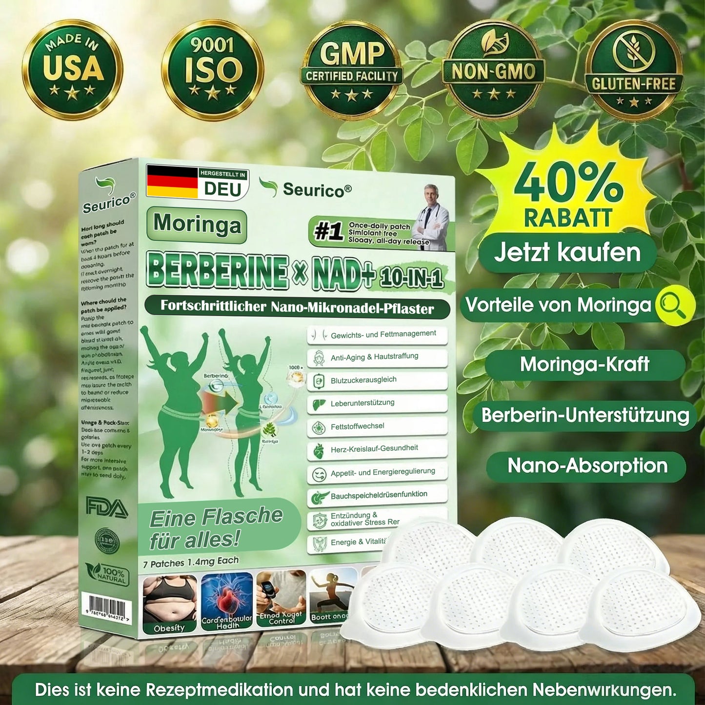 Offizieller US-Shop | 🧑‍⚕️🩺Seurico Moringa · Berberine × NAD+ 10-in-1 Advanced Nano Microneedle Patch — Einmal täglich, sichtbare Ergebnisse in 7 Tagen